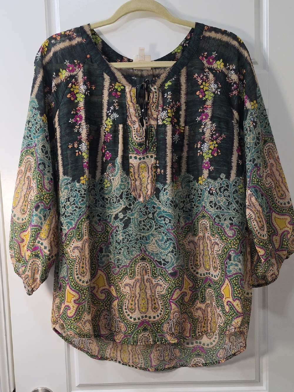 Fig & Flower Women's Bohemian Paisley Sheer Pullover Blouse - Large